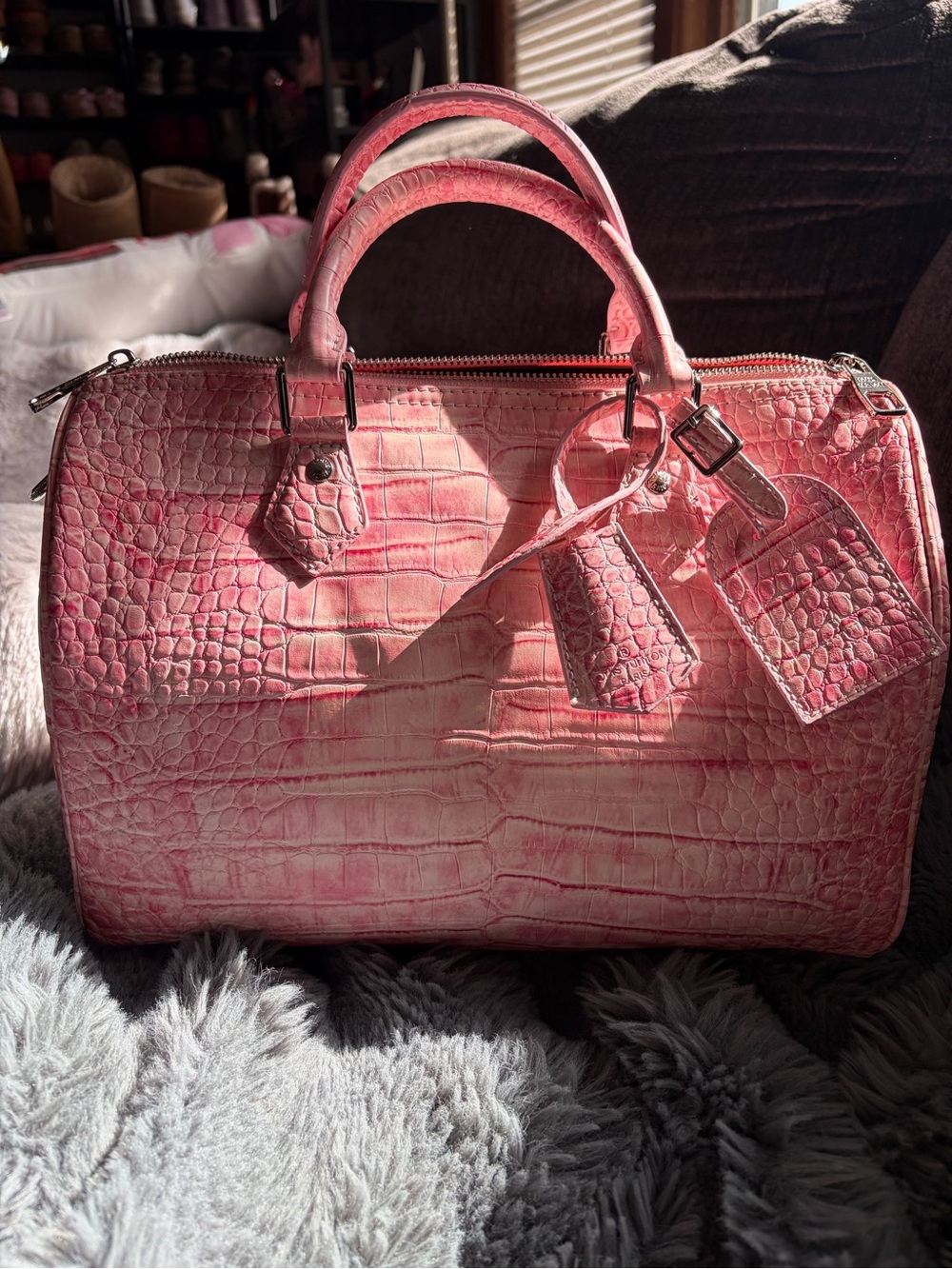 Pink Croc-Embossed Speedy 30 Style Bag with Removable Strap